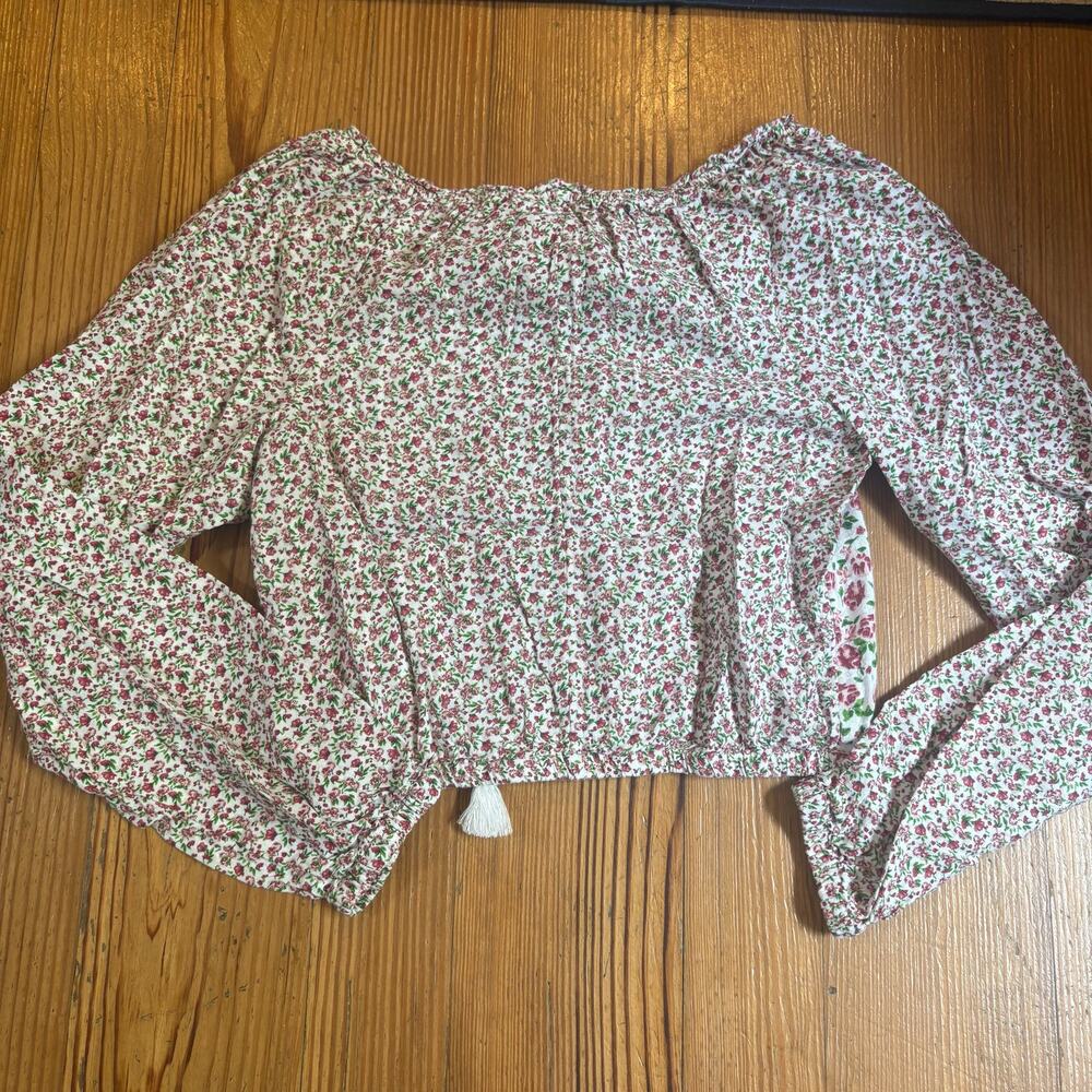 Midnight‎ Sky white rose floral cottage cropped long sleeve tassel shirt SIZE M - Picture 4 of 4